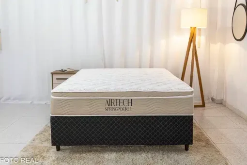 Box Casal Veneza Preto + Colchão Casal Airtech Springpocket 138x188x25 Ortobom