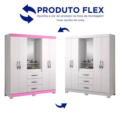 Roupeiro Solteiro NT 5015 Branco/Rosa 4 portas 3 Gavetas Flex C/Pés Larg. 1.61m - Notável - Imagem 2