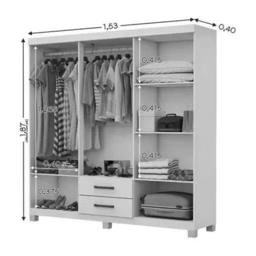 Roupeiro Solteiro Áries Cinamomo/Branco 6 Portas 2 Gavetas C/Pés Larg. 1.53m - Carioca - Imagem 3