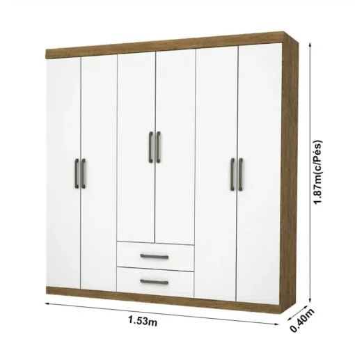 Roupeiro Solteiro Áries Cinamomo/Branco 6 Portas 2 Gavetas C/Pés Larg. 1.53m - Carioca - Imagem 2