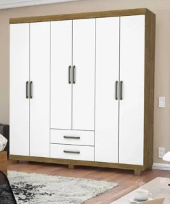 Roupeiro Solteiro Áries Cinamomo/Branco 6 Portas 2 Gavetas C/Pés Larg. 1.53m - Carioca