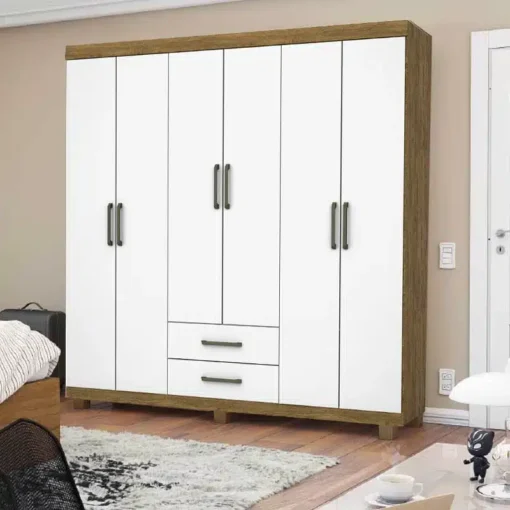 Roupeiro Solteiro Áries Cinamomo/Branco 6 Portas 2 Gavetas C/Pés Larg. 1.53m - Carioca