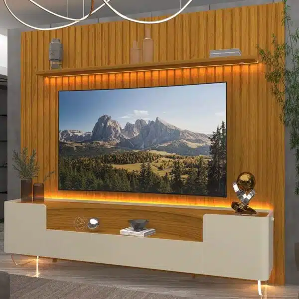 Painel Nobre TV até 85 Polegadas Larg. 2.30m + Rack Infinity Larg. 2.30m C/ Pés de Vidro Naturale/Off Gelius