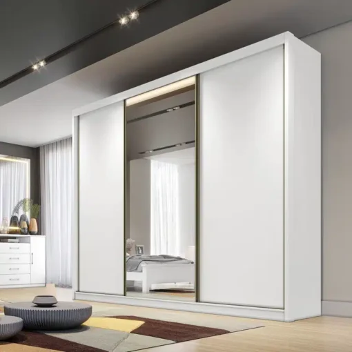Roupeiro Casal Diamond Plus Neve Fosco 3 Portas 8 Gavetas C/ 1 Espelho 100% MDF Larg. 2.41m - Novo Horizonte