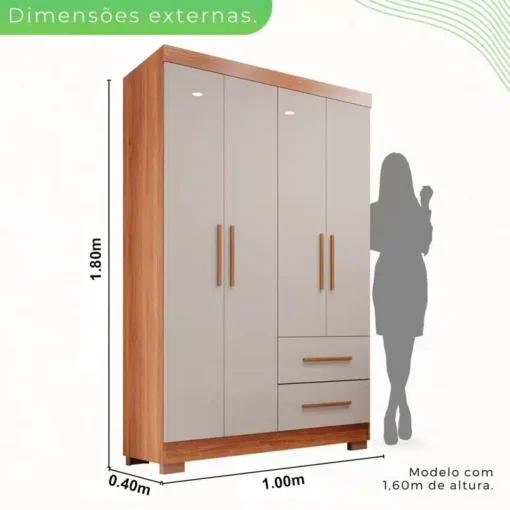 Roupeiro Solteiro Estrela Cinamomo/Off 4 Portas C/ Pés Larg. 1.00m - Sallêto - Imagem 2