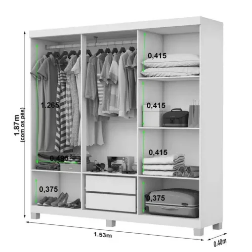 Roupeiro Recife Larg. 1.53m 6 Portas 2 Gavetas Com Pés - Imagem 2