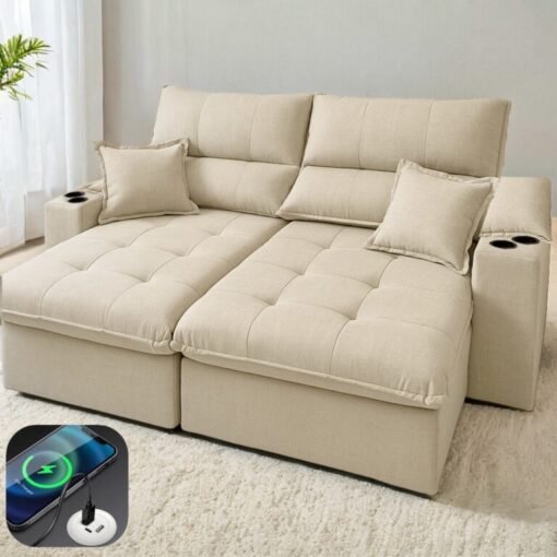 Sofá Retrátil e Reclinável Zeus/Afrodite 2,50m Linho Bege – Entrada USB e Porta Copos