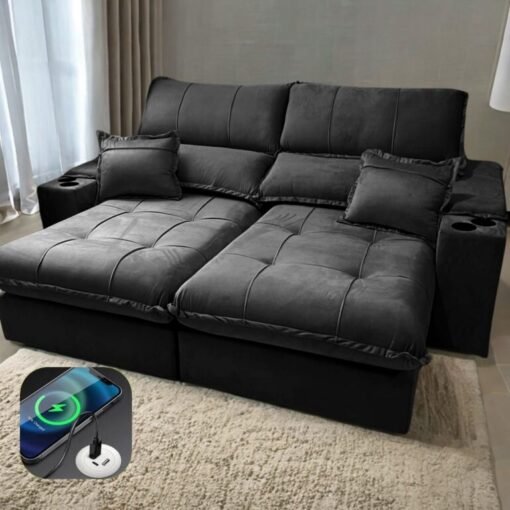 Sofá Retrátil e Reclinável Zeus/Afrodite 2,90m Preto – Entrada USB e Porta Copos