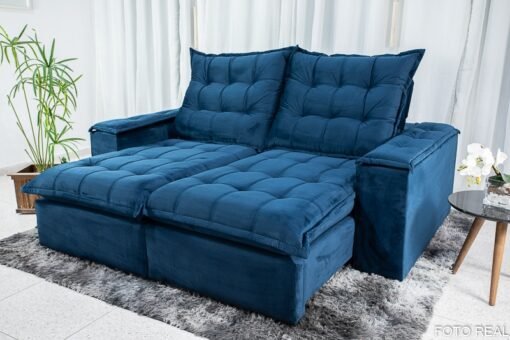 Sofá Retrátil Reclinável Grécia 2.10m Veludo Azul – D33 e Molas Ensacadas