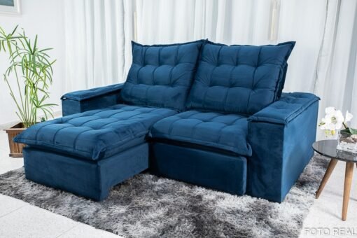 Sofá Retrátil Reclinável Grécia 2.10m Veludo Azul – D33 e Molas Ensacadas - Imagem 2
