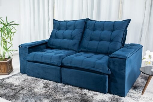 Sofá Retrátil Reclinável Grécia 2.10m Veludo Azul – D33 e Molas Ensacadas - Imagem 3