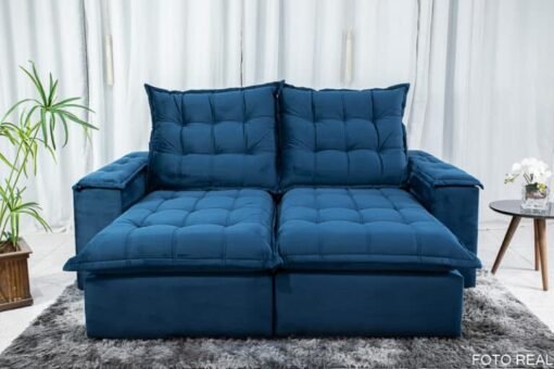 Sofá Retrátil Reclinável Grécia 2.10m Veludo Azul – D33 e Molas Ensacadas - Imagem 4