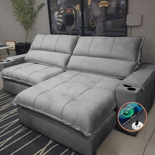 Sofá Retrátil e Reclinável Zeus/Afrodite 2,50m Cinza - Entrada USB e Porta Copos - Imagem 3