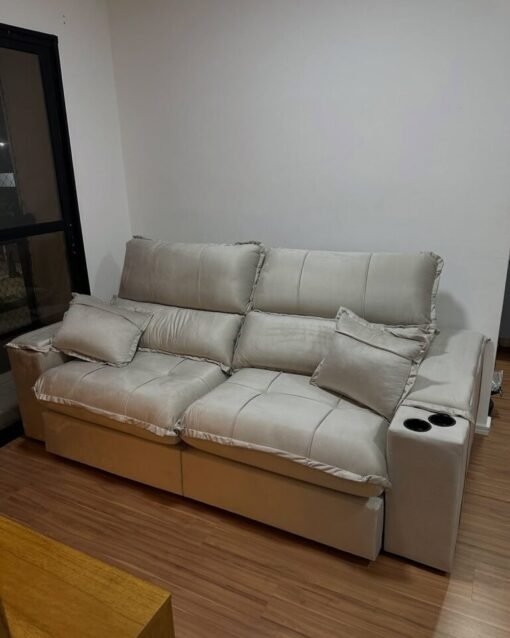 Sofá Retrátil e Reclinável Zeus/Afrodite 2,50m Bege - Entrada USB e Porta Copos - Imagem 3