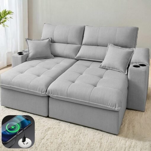 Sofá Retrátil e Reclinável Zeus/Afrodite 2,50m Linho Cinza – Entrada USB e Porta Copos