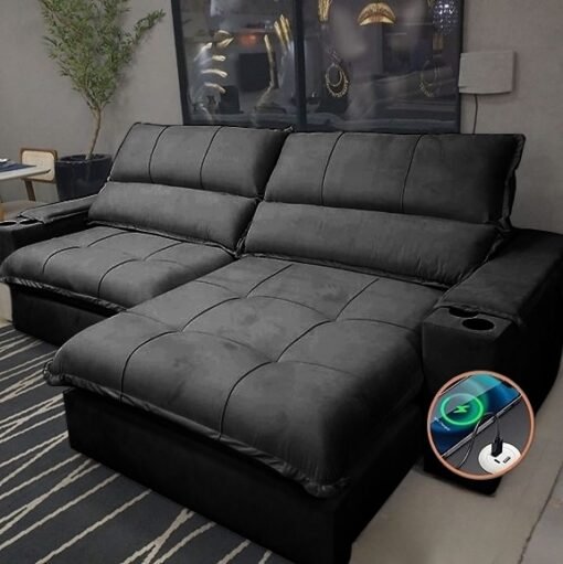 Sofá Retrátil e Reclinável Zeus/Afrodite 2,90m Preto – Entrada USB e Porta Copos - Imagem 2