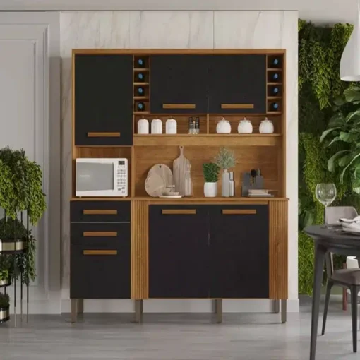 Armário Cozinha Cinamomo/Preto Catar 6 Portas 2 Gavetas Larg. 2.00m - Sallêto