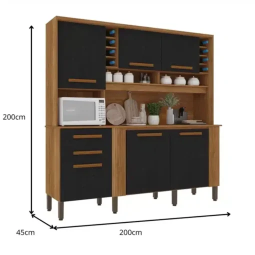 Armário Cozinha Cinamomo/Preto Catar 6 Portas 2 Gavetas Larg. 2.00m - Sallêto - Imagem 4