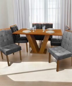 Mesa Classic 160 Cinamomo Laminado com 6 Cadeiras Sophia Mel/Veludo Cinza Grafite – CEL MÓVEIS + WM DECOR