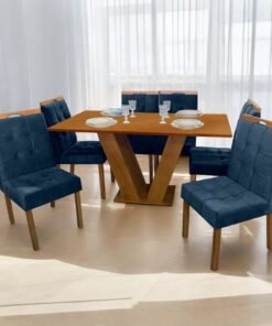 Mesa Classic 160 Cinamomo Laminado com 6 Cadeiras Sophia Mel/Veludo Azul – CEL MÓVEIS + WM DECOR