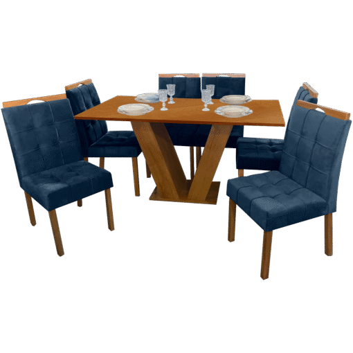 Mesa Classic 160 Cinamomo Laminado com 6 Cadeiras Sophia Mel/Veludo Azul – CEL MÓVEIS + WM DECOR - Imagem 2