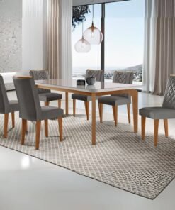 Mesa Londrina 180 Canto Copo Imbuia/Off White com 6 Cadeiras Jade Linho Grafite – RUFATO