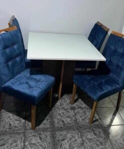 Mesa Los Angeles 120 Cinamono/Off White com 4 Cadeiras Sophia/Capri Veludo Azul – MINASPLAC + WM DECOR