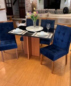 Mesa Los Angeles 90 Cinamono/Preto com 4 Cadeiras Sophia/Capri Veludo Azul – MINASPLAC + WM DECOR