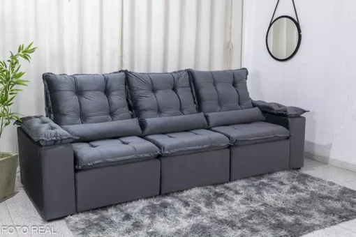 Sofá Retrátil Reclinável Grécia 2.70m Veludo Cinza - Sem Caixa - Imagem 3