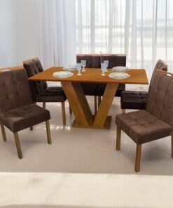 Mesa Classic 160 Cinamomo Laminado com 6 Cadeiras Sophia Mel/Veludo Marrom – CEL MÓVEIS + WM DECOR