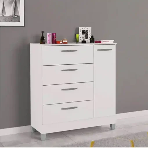 Cômoda com 1 Porta 4 Gavetas Branco Larg. 0.86m Poquema