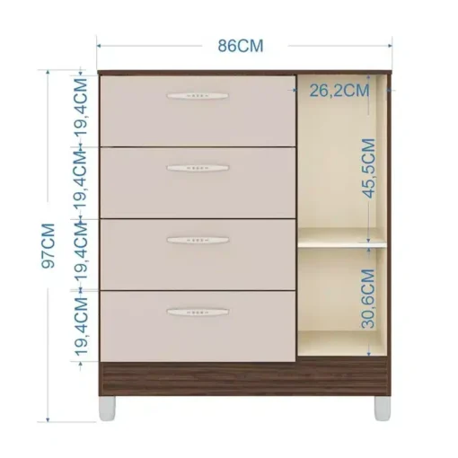 Cômoda com 1 Porta 4 Gavetas Chocolate/Off Larg. 0.86m Poquema - Imagem 3