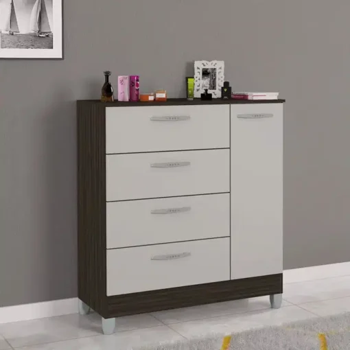 Cômoda com 1 Porta 4 Gavetas Chocolate/Off Larg. 0.86m Poquema