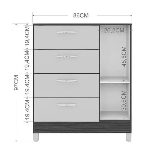 Cômoda com 1 Porta 4 Gavetas Branco Larg. 0.86m Poquema - Imagem 3