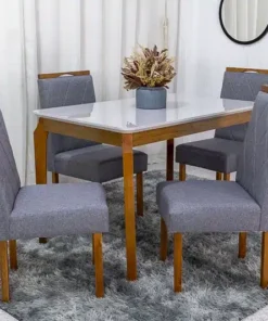 Mesa de Jantar Alegra Tampo Vidro Off 120×80 4 Cadeiras Diamante Linho Cinza JCM Madeira Maciça