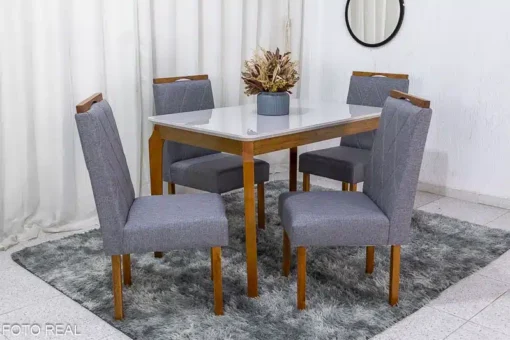 Mesa de Jantar Alegra Tampo Vidro Off 120×80 4 Cadeiras Diamante Linho Cinza JCM Madeira Maciça