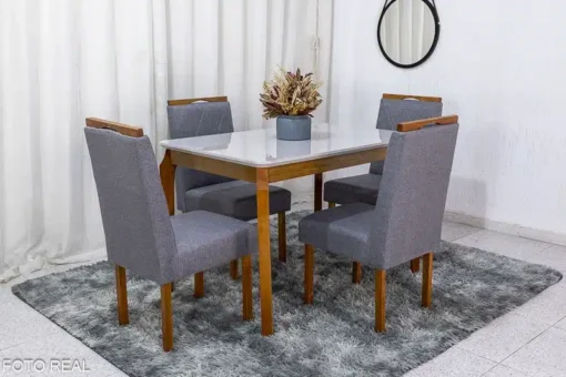 Mesa de Jantar Alegra Tampo Vidro Off 120×80 4 Cadeiras Diamante Linho Cinza JCM Madeira Maciça - Imagem 2