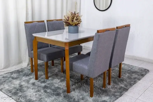 Mesa de Jantar Alegra Tampo Vidro Off 120×80 4 Cadeiras Diamante Linho Cinza JCM Madeira Maciça - Imagem 3