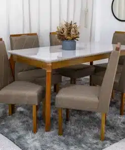 Mesa de Jantar Alegra Tampo Vidro Off 160×80 6 Cadeiras Diamante Linho Capuccino JCM Madeira Maciça