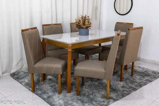 Mesa de Jantar Alegra Tampo Vidro Off 160×80 6 Cadeiras Diamante Linho Capuccino JCM Madeira Maciça