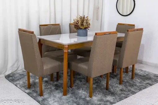 Mesa de Jantar Alegra Tampo Vidro Off 160×80 6 Cadeiras Diamante Linho Capuccino JCM Madeira Maciça - Imagem 2