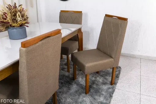 Mesa de Jantar Alegra Tampo Vidro Off 160×80 6 Cadeiras Diamante Linho Capuccino JCM Madeira Maciça - Imagem 4
