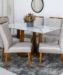 Mesa de Jantar Pedro Mel Vidro Off 160×80 6 Cadeiras Lisboa Veludo Bege 512 Madeira Maciça Art Assento