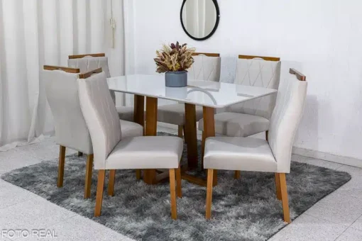 Mesa de Jantar Pedro Mel Vidro Off 160×80 6 Cadeiras Lisboa Veludo Bege 512 Madeira Maciça Art Assento
