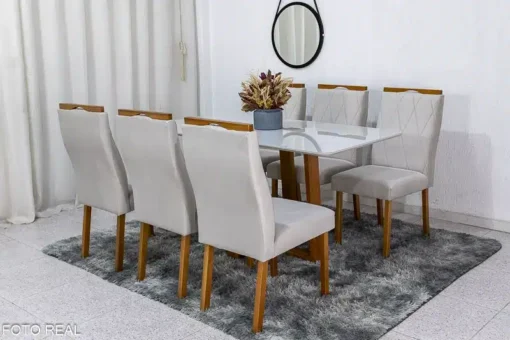Mesa de Jantar Pedro Mel Vidro Off 160×80 6 Cadeiras Lisboa Veludo Bege 512 Madeira Maciça Art Assento - Imagem 2