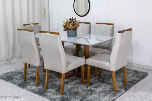 Mesa de Jantar Pedro Mel Vidro Off 160×80 6 Cadeiras Lisboa Veludo Bege 512 Madeira Maciça Art Assento - Imagem 3