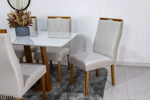 Mesa de Jantar Pedro Mel Vidro Off 160×80 6 Cadeiras Lisboa Veludo Bege 512 Madeira Maciça Art Assento - Imagem 4