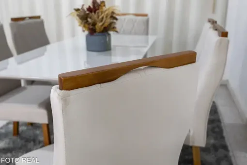 Mesa de Jantar Pedro Mel Vidro Off 160×80 6 Cadeiras Lisboa Veludo Bege 512 Madeira Maciça Art Assento - Imagem 5