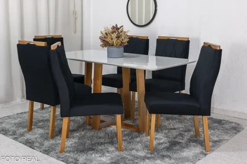 Mesa de Jantar Pedro Mel Vidro Off 160×80 6 Cadeiras Lisboa Veludo Preto 504 Madeira Maciça Art Assento