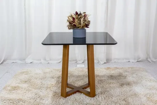 Mesa de Jantar Pedro Mel Vidro Preto 90×90 4 Cadeiras Lisboa Veludo Preto Madeira Maciça Art Assento - Imagem 6